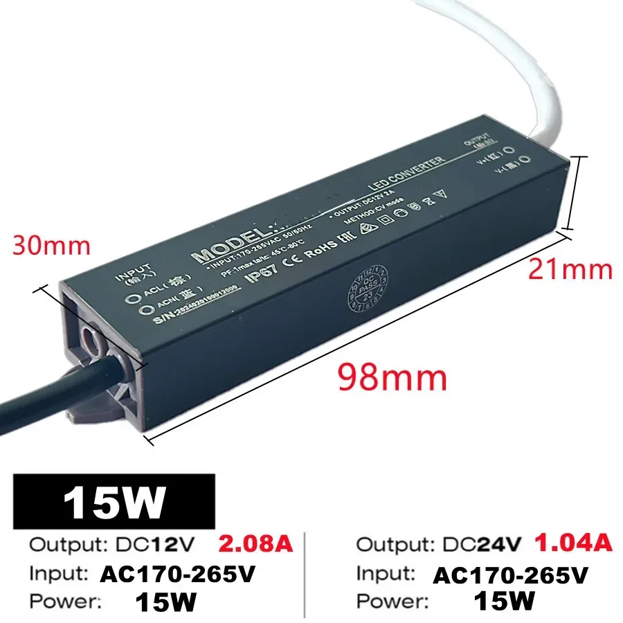 ממיר תאורה עמיד למים ספק כוח IP67 IP68 AC220V ל- DC 12V 24V מנהל LED 100W 200W 300W 400W 500W מתאם חיצוני