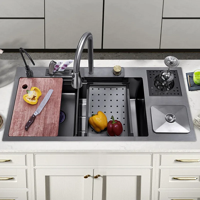 304 Stainless Steel Waterfall Kitchen Sink Multifunctional Nano Sink Large Size With Trash Can Hhigh-Pressure Cup Washer 4