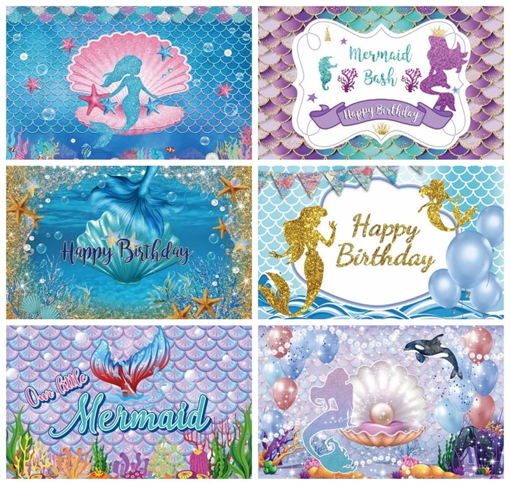 Laeacco Arriere Plan Pour Photographie Joyeux Anniversaire Portrait De Petites Filles Sirene Poisson Banniere Personnalisee Aliexpress