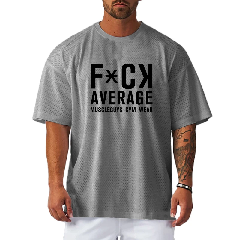 

Summer Men's Tops Thin Hollow Mesh Casual T-shirt Bodybuilding Polyester Breathable Short-sleeved Personality Printed