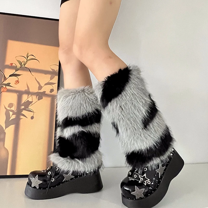 

Faux Fur Leg Warmers Zebra Pattern Women Gothic Y2k Leggings Boots Cover Punk Harajuku Cosplay Sexy Party Accessories Long Socks