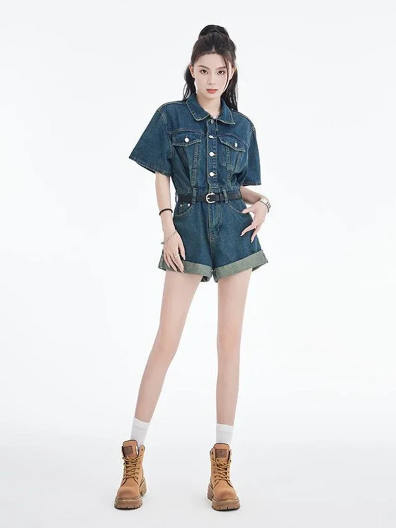 

Streetwear Jean Rompers Playsuits Women Summer Y2K Clothing Turn Down Neck Denim Shorts Jumpsuits One Pieces Set Overalls Outfit