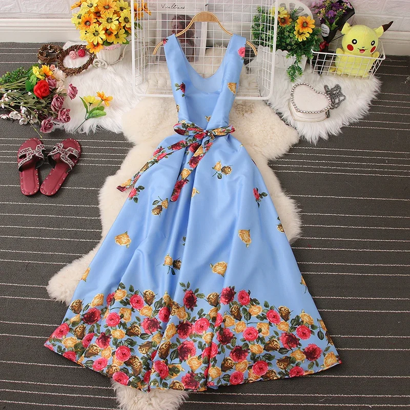 F43 Sweet Memory Blue Pink Black Yellow Flower Women Dresses New Fashion Lady Summer Sleeveless V-neck Girl Cocktail Dress