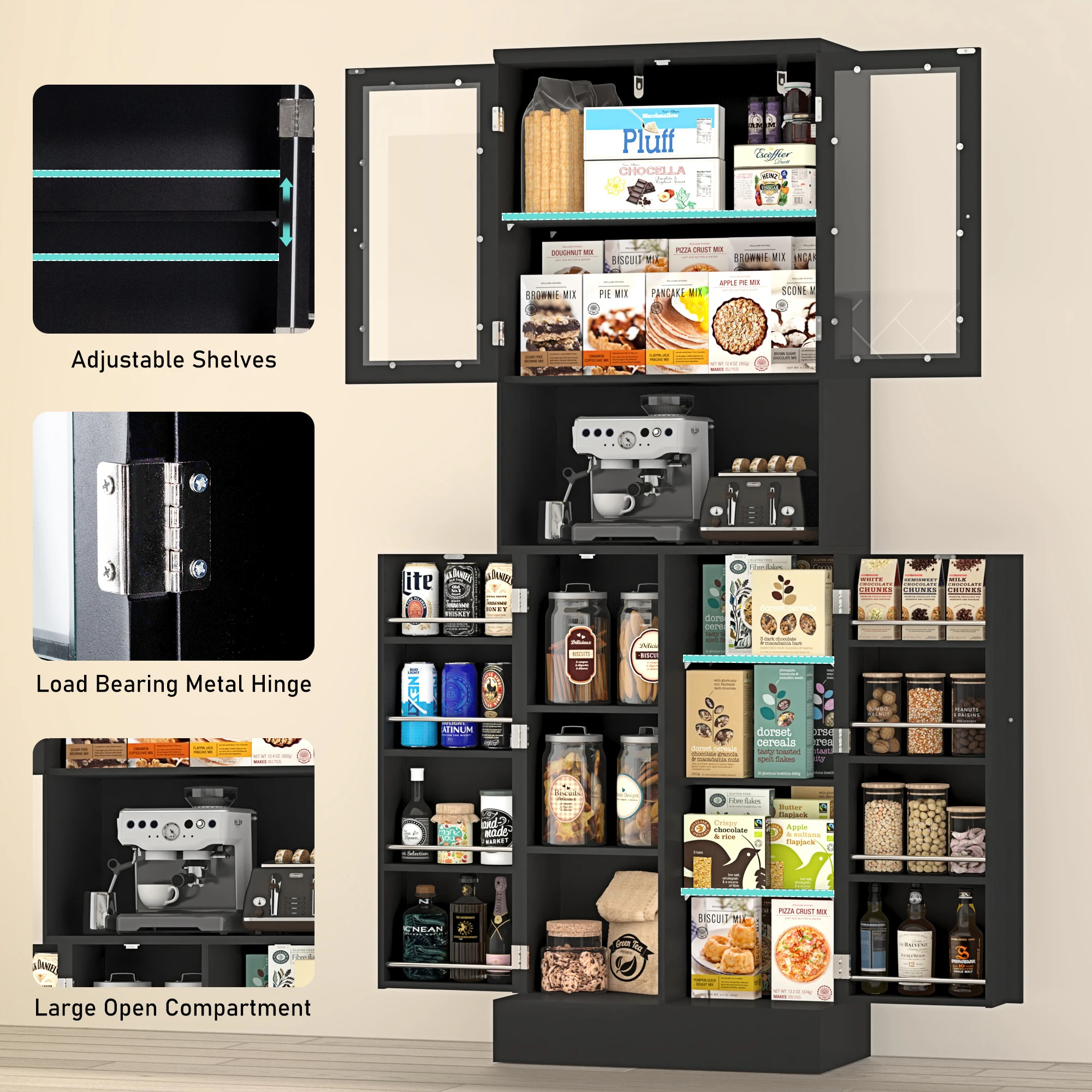 71" Tall Pantry Cabinet, Kitchen Pantry Storage Cabinet w/Glass Doors & Microwave Stand, Black Freestanding Hutch Cabinet