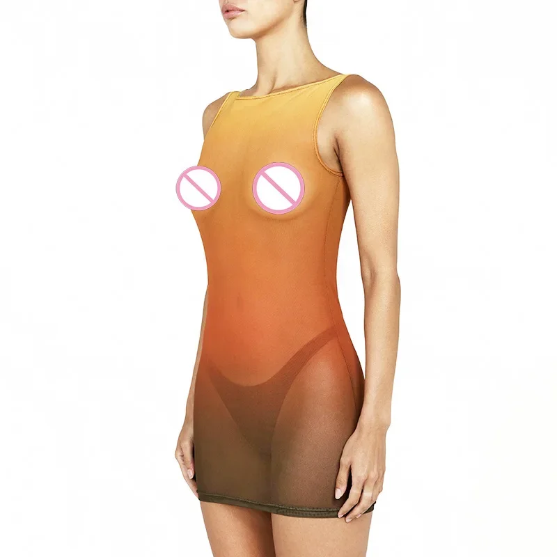 Vestido informal de malla con empalme ligeramente transparente para mujer, ropa de calle sexy, a la moda, con degradado de color, cuello redondo, sin mangas, vestido de verano