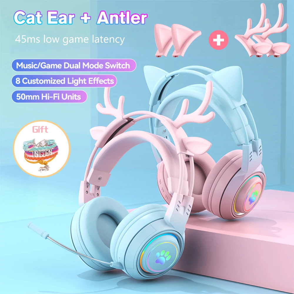 

Cute Antlers/Cat Ear Wireless Bluetooth Headphone Gamer 3.5mm Earphone Gaming Headset With RGB Light For Child/kid New Year Gift