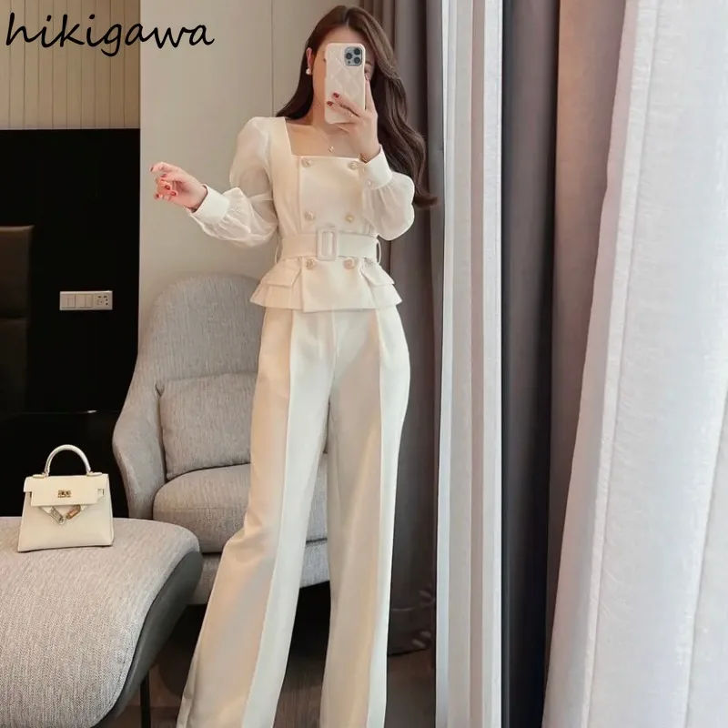 بدلة نسائية مزدوجة الصدر عالية الخصر سترة علوية وس...