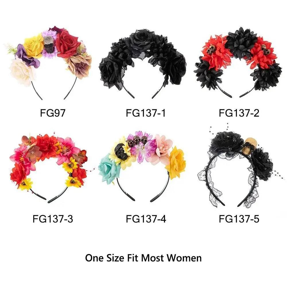 Day of The Dead Halloween Rose Flower Headband Wedding Costume Cosplay Flower Headpiece Black Veil Party
