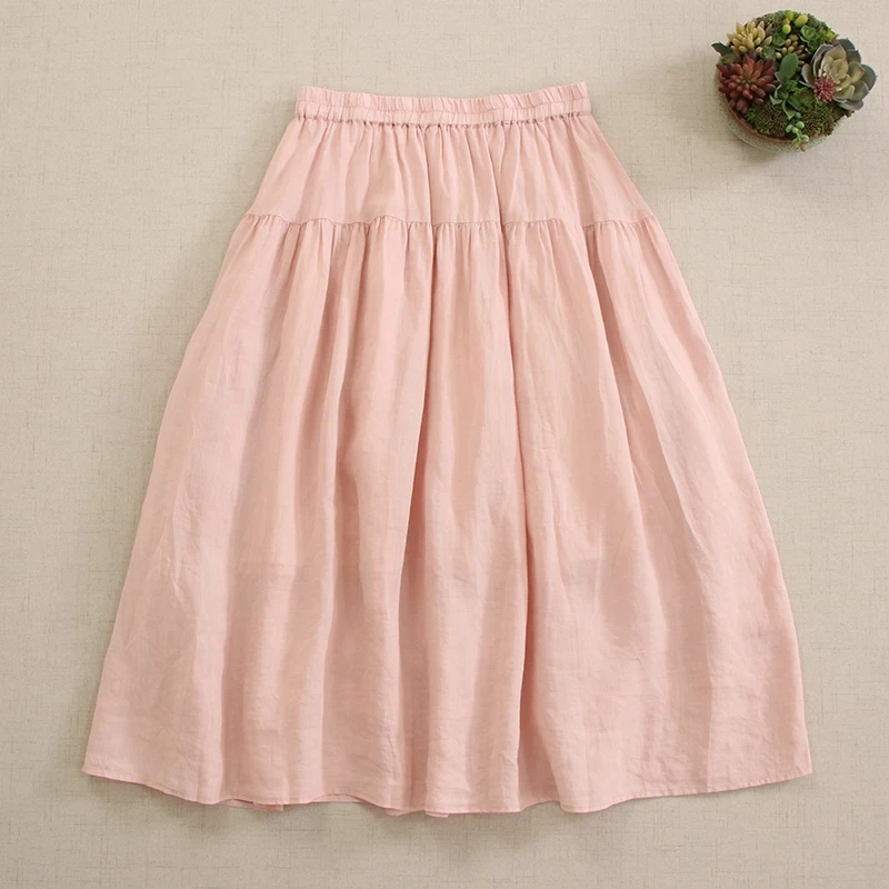 Summer Sweet Mori Girl Japanese Style Solid Color Folds Cake Skirts Women Elastic Waist Casual Ramie Skirt