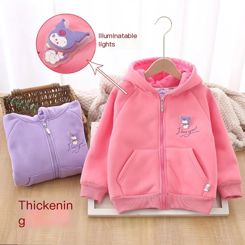

Kuromi Sanrio Kawaii Anime Winter 2023 Lights Up Hooded Coat Cute Cartoon Fleece Thickened Thermal Top Zipper Shirt Toys Kids