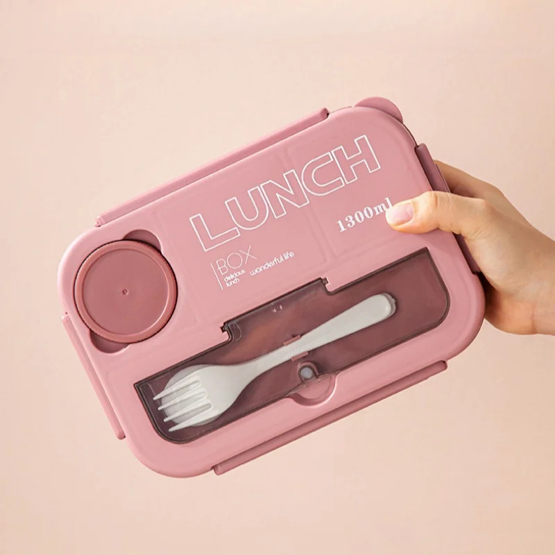 Lunch Box Compartment 1300ML Portable Kids Students Office Bento Box With Fork and Spoon Microwave Food Storage Container
