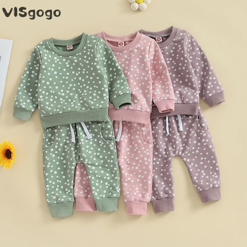 

VISgogo 0-3Y Baby Girls Fall Clothes Two Piece Sets Flower Print Long Sleeve Crew Neck Sweatshirt with Elastic Waist Sweatpants