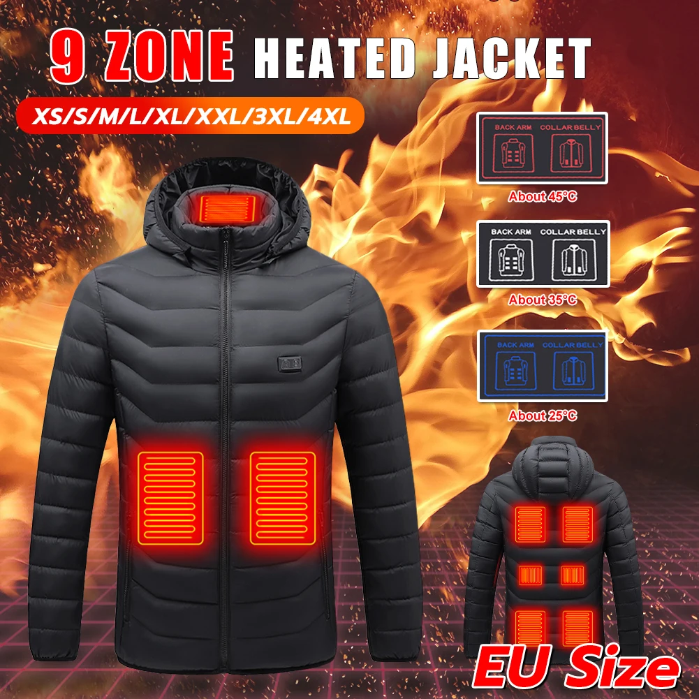 

EU Size 9 Areas Heated Jacket for Men Women Winter Outdoor Adjustable Heating Coat USB Powered Thermal Coat for Skiing Camping