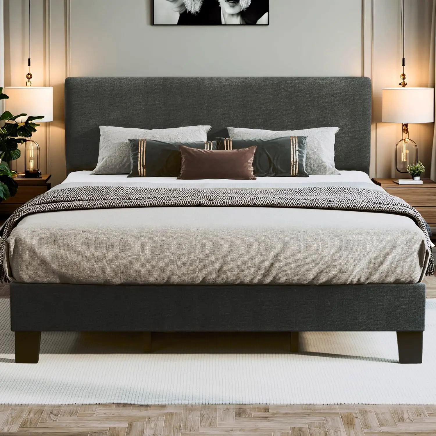 Description Picture 2 of itemBed Frame with Adjustable Headboard Upholstered Bed Frame Platform Linen Fabric Headboard Wooden Slats Support