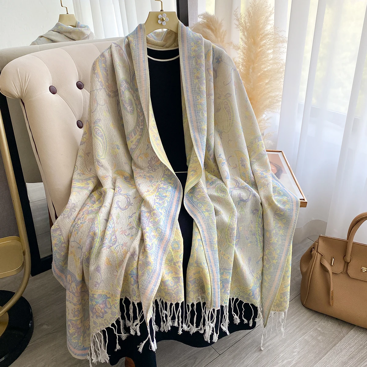 Luxury Winter Women's Cashmere Scarf - Printed Tasseled Embroidered Shawl, Warm Pareo Cape & Elegant Poncho