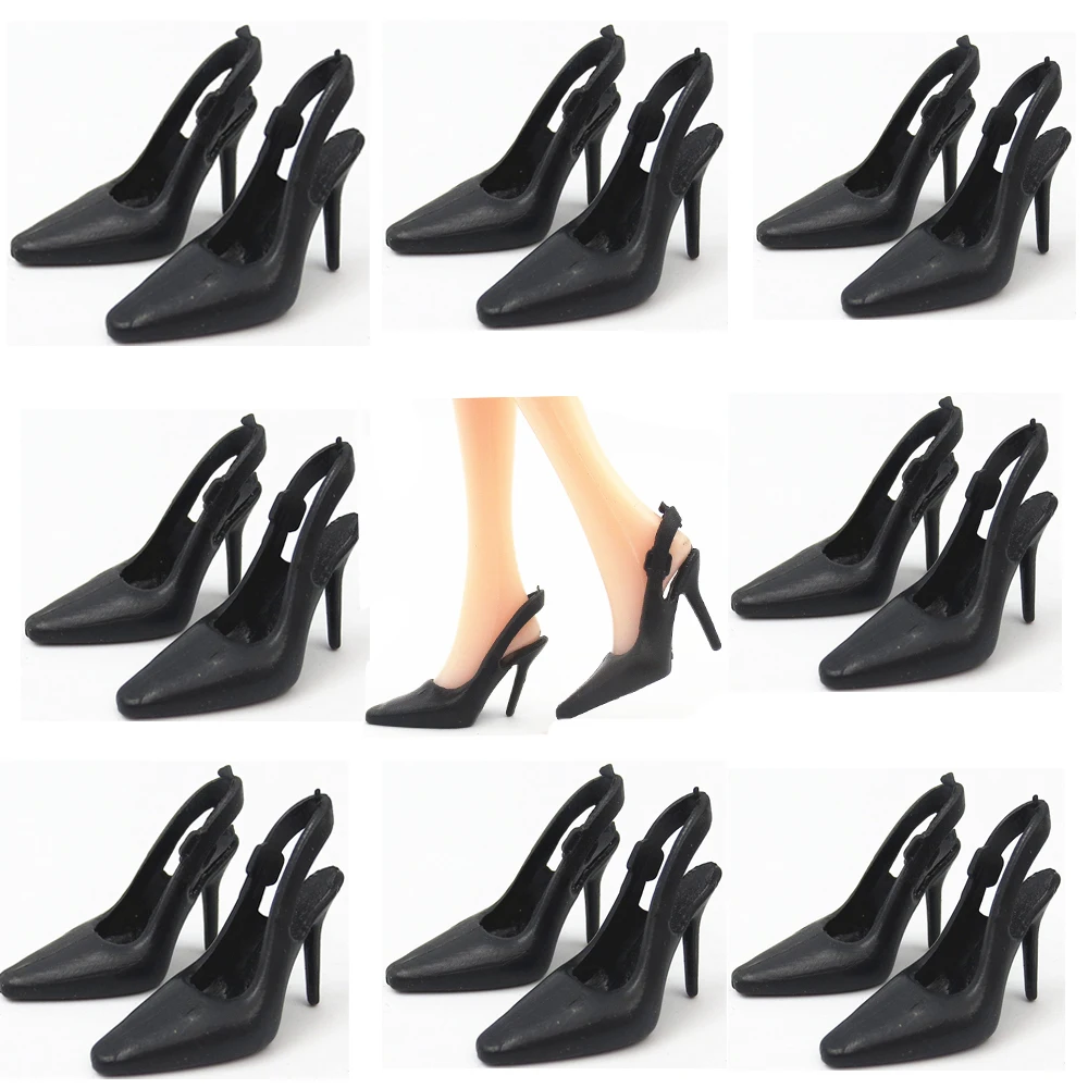 NK Official 10 Pairs Black Sandals  Fashion High Heel Evening Party Wear Shoes For Doll Clothes Dress Accessories Kids Gift Toys