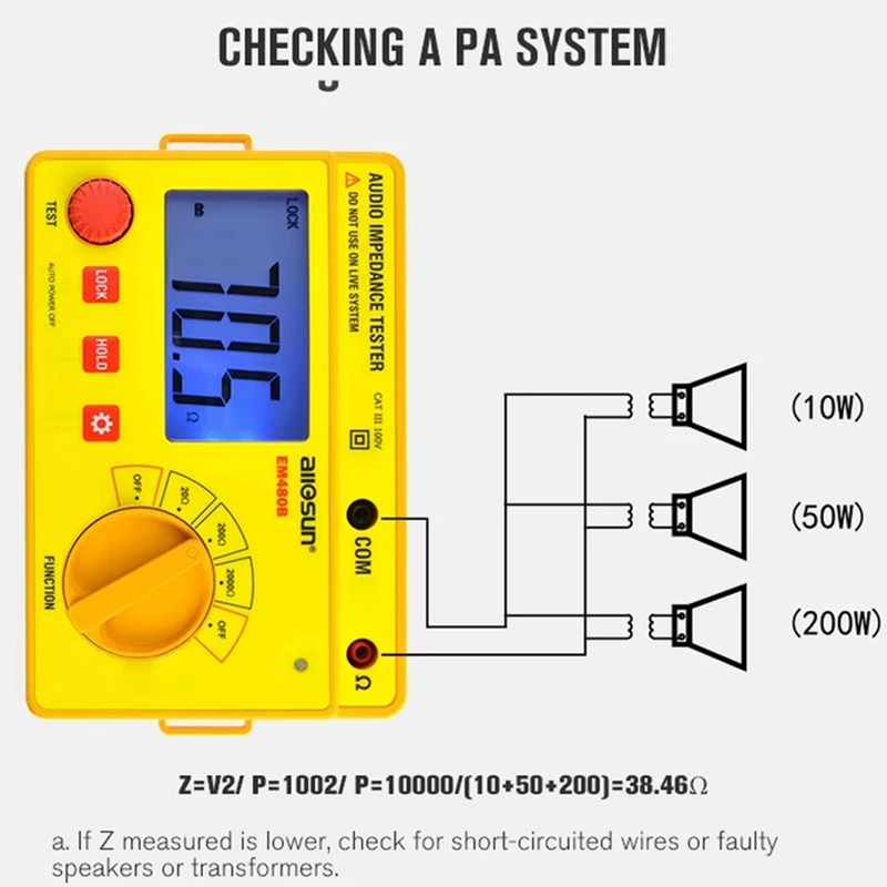 All Sun EM480B Audio Impedance Tester 1Khz Timer Function Data Hold Test Ranges 20/200/2000