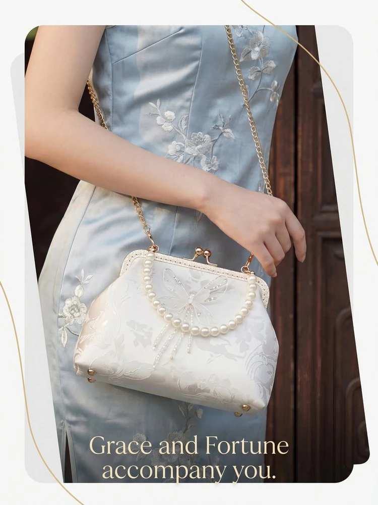 Chinese Style Butterfly Embroidery Clutch Vintage Lace Kiss Lock Handbag Elegant Evening Bag with Gold Chain for Women