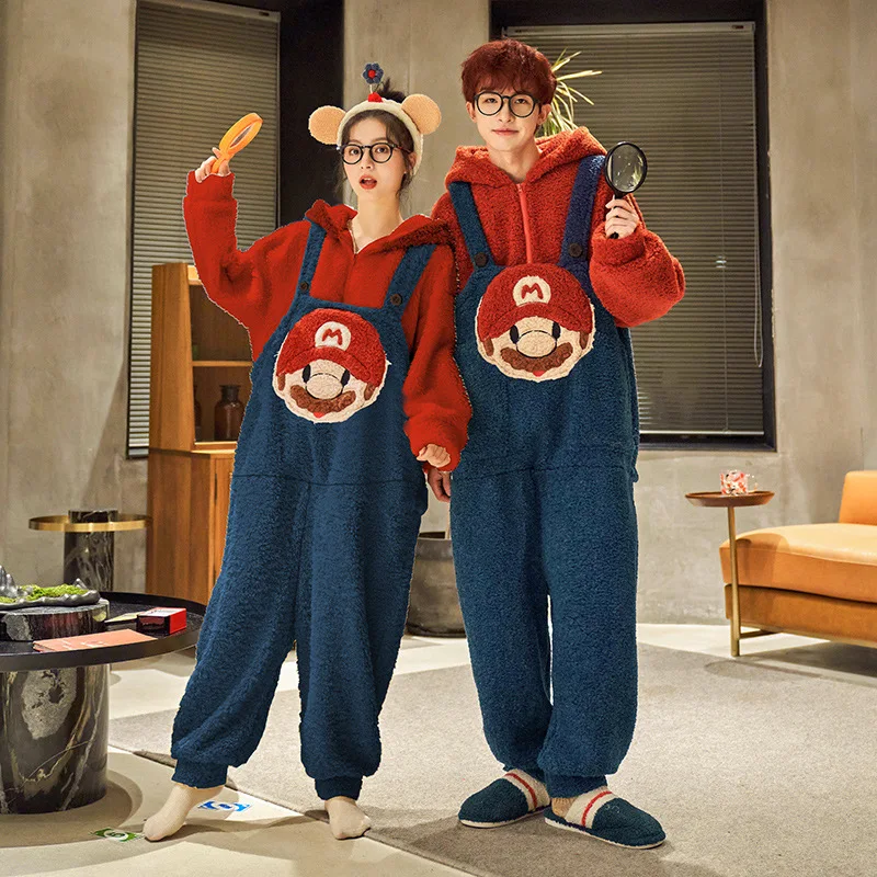 Autumn and Winter Warm Adult Couple Kigurumi Cartoon One-piece Pajamas Coral Velvet Thickening Hooded Comfort Loungewear