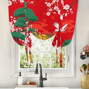 일본식 크레인 벚꽃 빈티지 창문 커튼, 거실 침실 발코니 카페 주방 타이업 로마 커튼