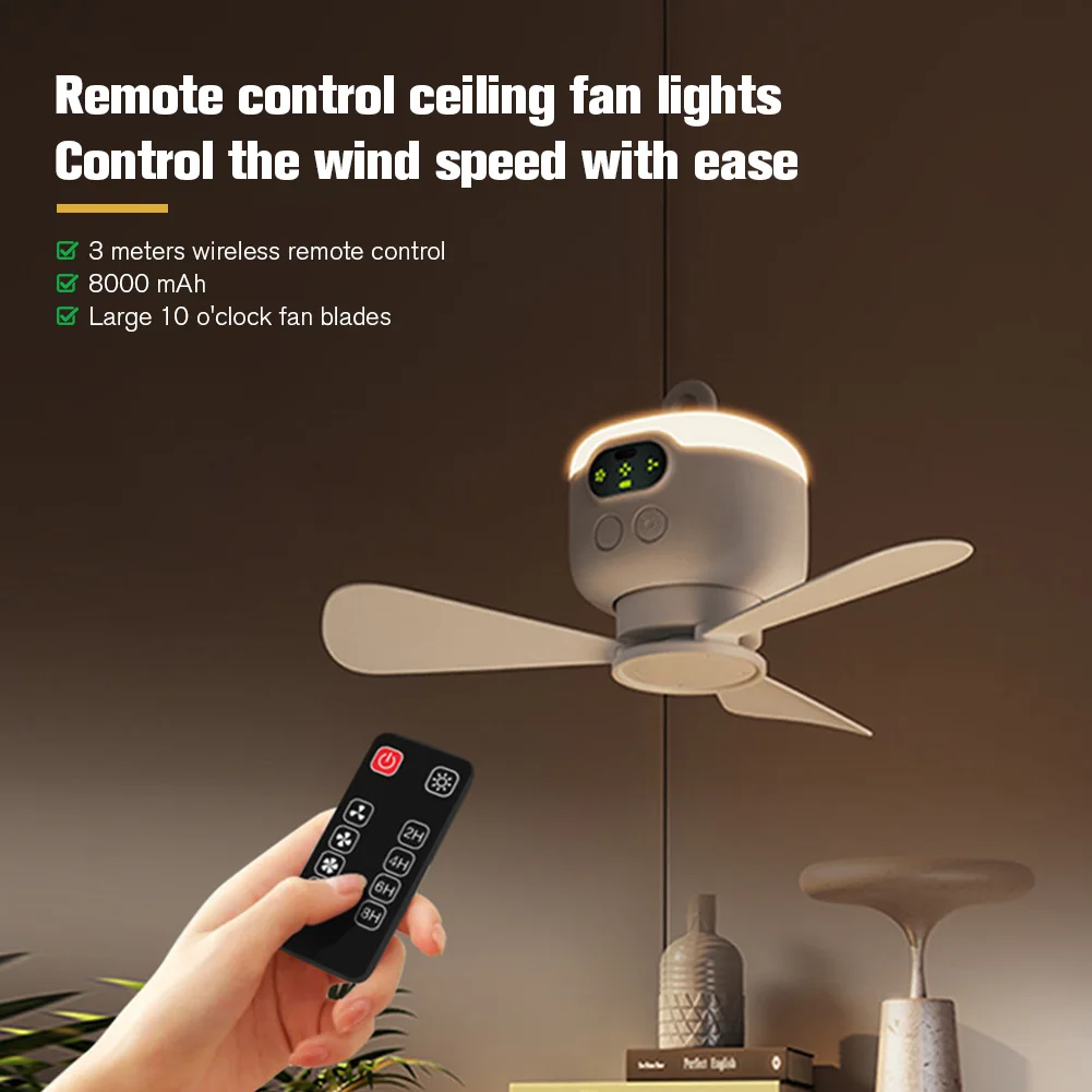 Portable Ceiling Fan Light Rechargeable Camping Fan with Remote Control Tent Fan for Outdoor Camping Dorm