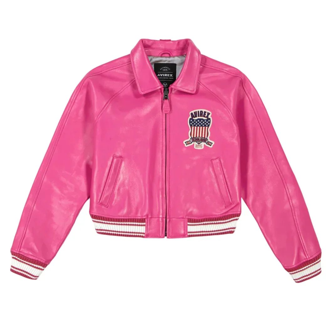 Primavera Avirex 2024 Nuovo Elenco Bomber Flight Suit Jacket 100% Europeo Antico Montone Classico Cappotto In Pelle Rosa Da Donna Top