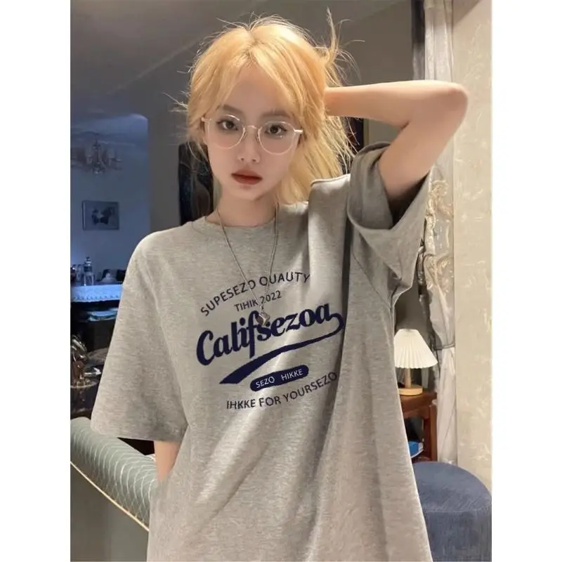 

100% pure cotton Korean retro trendy brand floral gray short-sleeved T-shirt for women 2024 new oversize loose casual couple top
