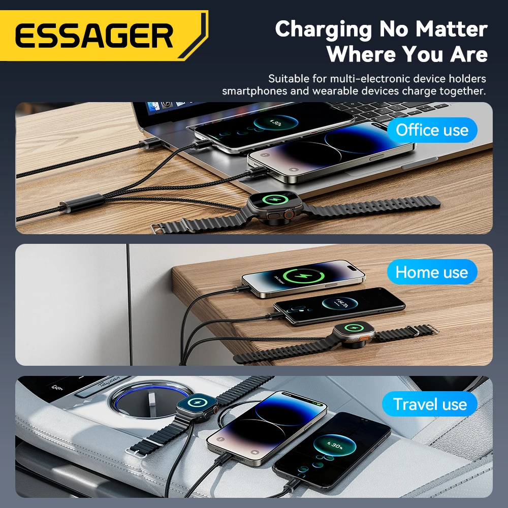 Essager 3 in 1 Multi USB A Charging Data Cable for iPhone 16 15 14 13 Pro Apple iWatch With USB Type C Lightning Charging Cable
