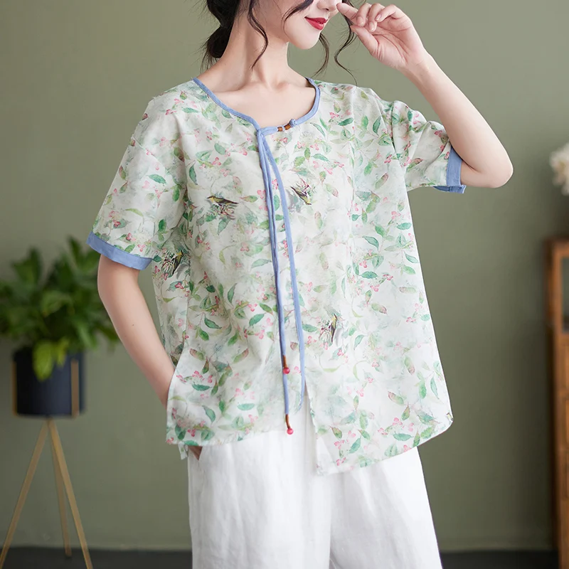 

Arts Style New Arrival Summer Women Casual O-neck Short Sleeve T Shirt Loose Patchwork Floral Print Cotton Linen T-shirt V563