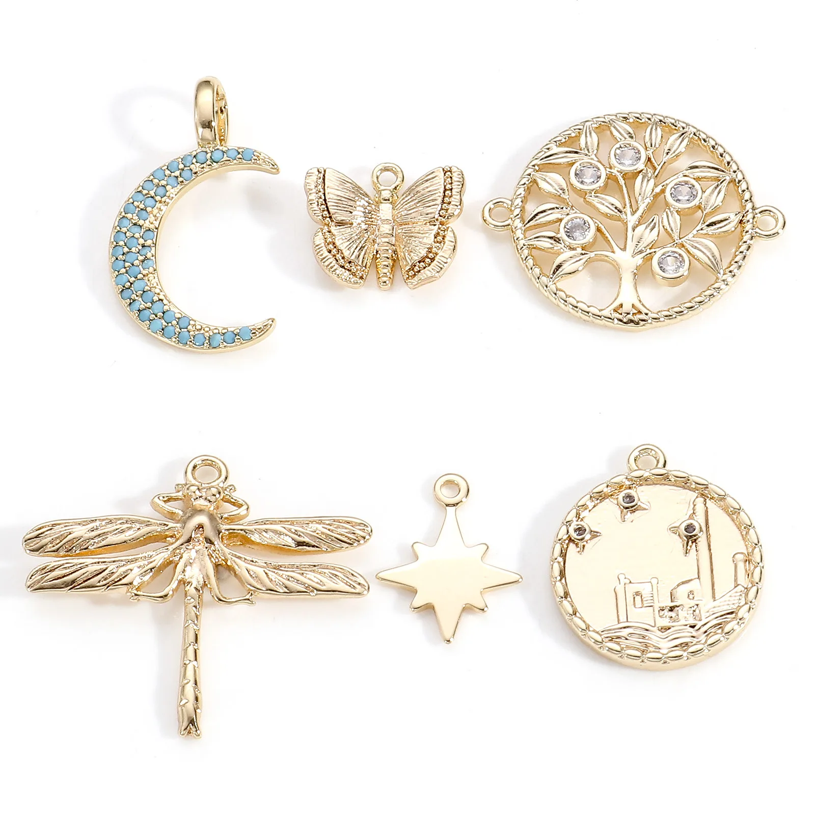 2 stücke Kupfer Charms Gold Farbe geometrische Schmetterling Libelle Baum Strass Anhänger DIY Halskette Ohrringe Schmuck Geschenk Befunde
