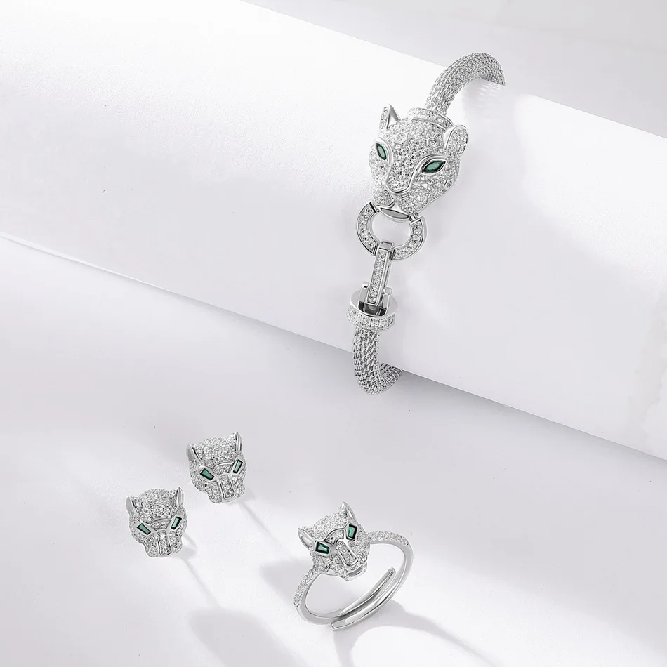 女性用ALLNOEL-925スターリングシルバーオープンリング,中空ヒョウ