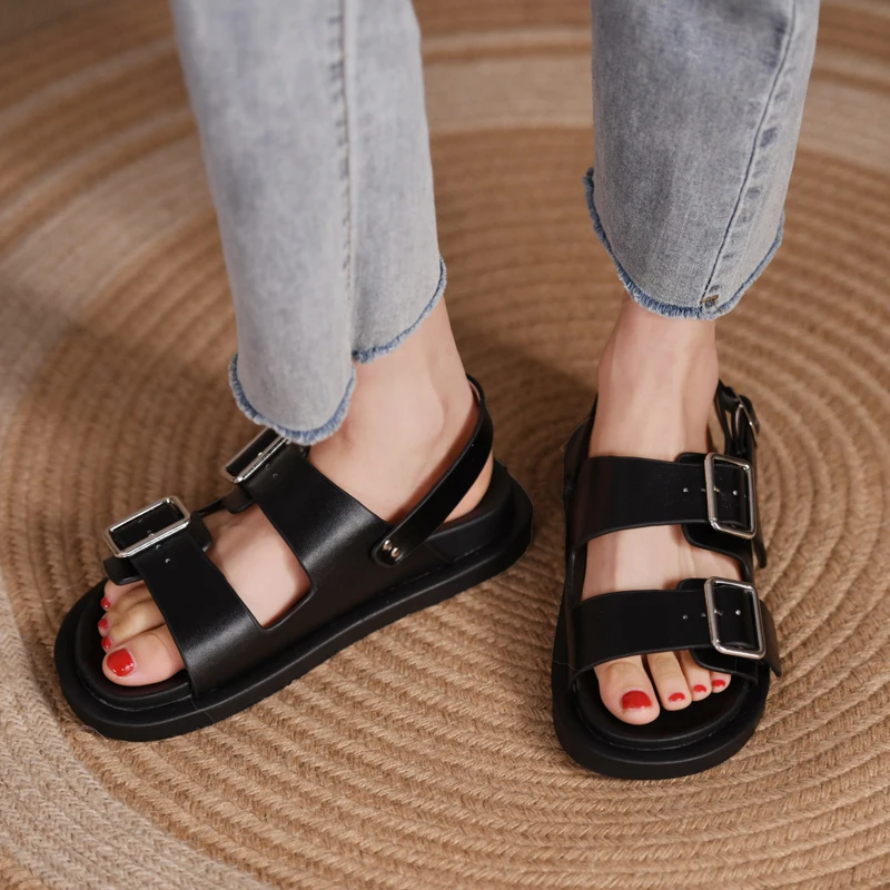

Fashion Summer Sandals Women Flats Platform Shoes Fashion Casual Metal Buckle Soft Bottom Ladies Sandals Beach open-toed New