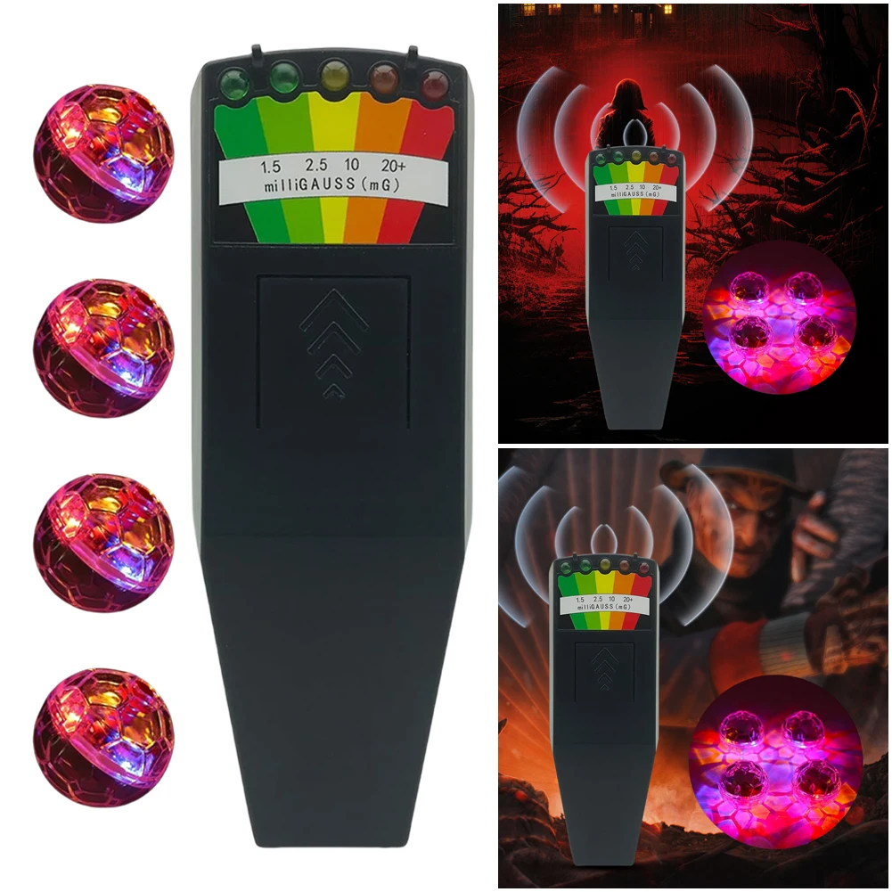 5 LED EMF Meter with 4 Motion Light Up Cat Balls Electric Magnetic Radiation Meter 5 Scales Ghost Hunting Equipment Kit