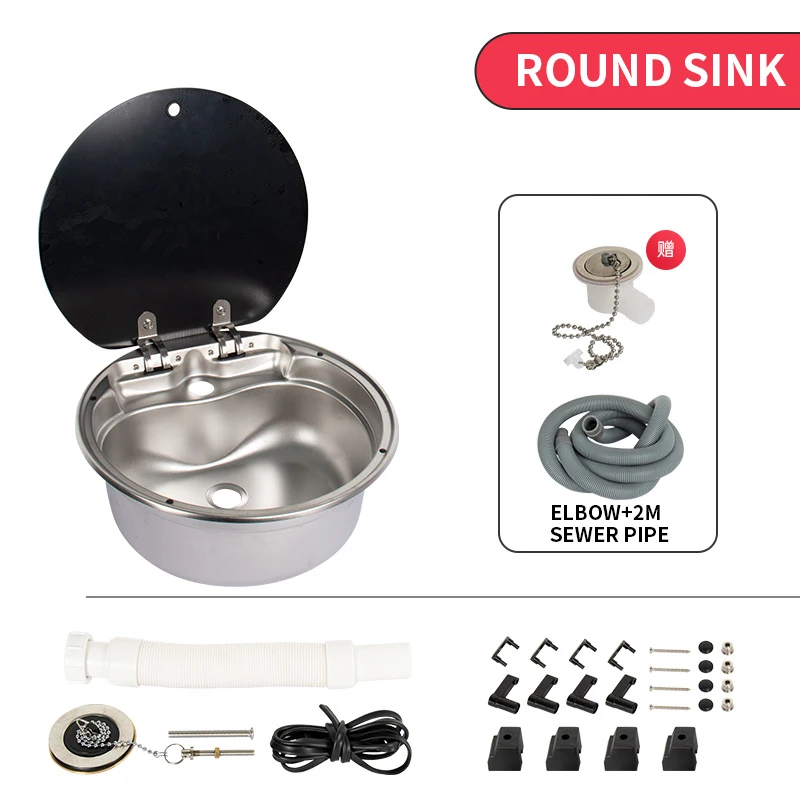 RV sink with cover kitchen washbasin vegetable sink folding flip-top single-slot stainless steel round basin