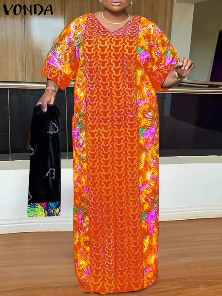 

Elegant Maxi Long Dress 2024 VONDA Women Summer Dress Sexy 3/4 Sleeve Vintage Printed Sundress Sexy V-neck Casual Kaftan Vestido