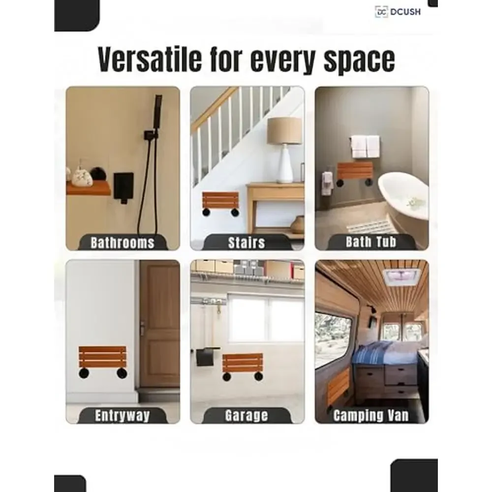 20" Teak Wood Folding Shower Bench Seat Wall Mounted Sauna Hot Tub Entryway RV Garage Fold Down Chair 400lb Capacity Anti-Slip 5