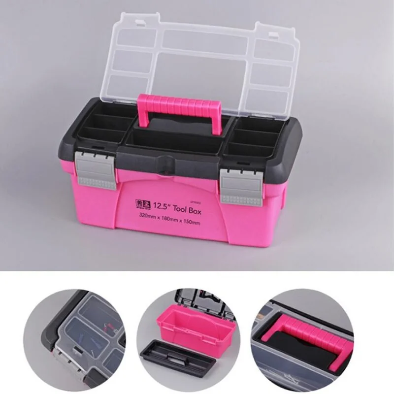 10 12.5 Inch Portable Tool Box Plastic Storage Pink Lady Women Inner Layer Toolbox for Tool Components Daily Necessities tool chest workbench Tool Storage Items