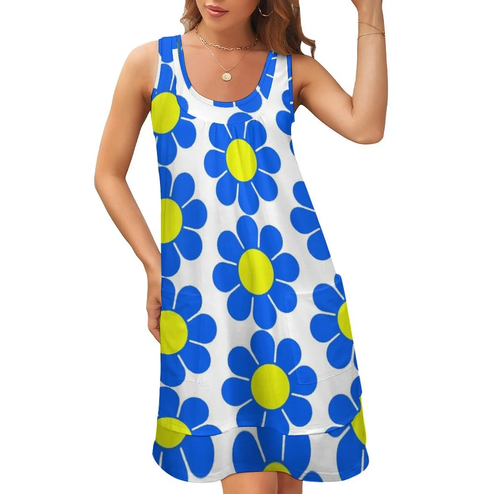 

Blue Yellow Hippy Flower Daisy Sleeveless U-Neck Fake Two Piece Dress Women's summer skirt women dress