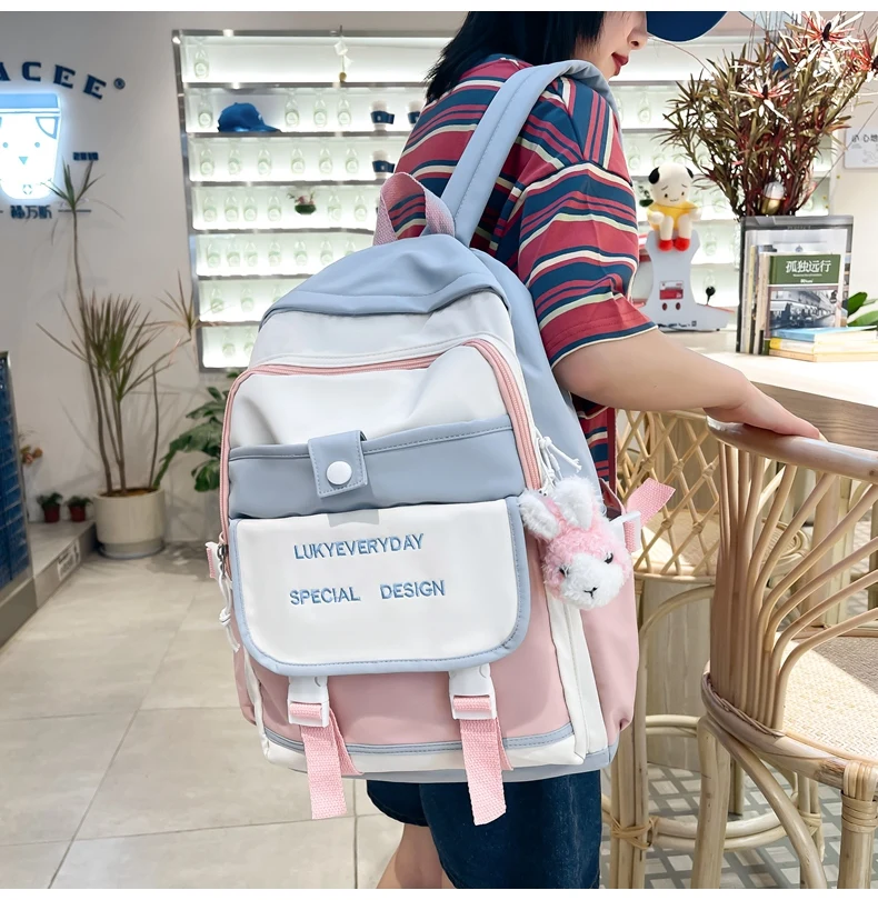 DCIMOR New English Embroidery Waterproof Nylon Women Backpack Female Cute Contrast Color Travel Bag Kawaii Girl Schoolbag Preppy