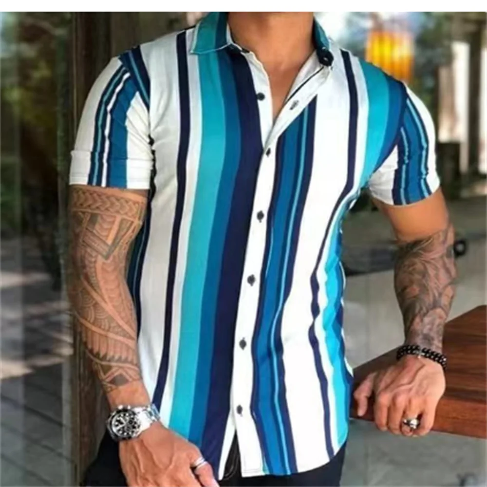 Men's short sleeved lapel striped printed button up shirt for summer leisure vacation, comfortable and soft Hawaiian shirt 6