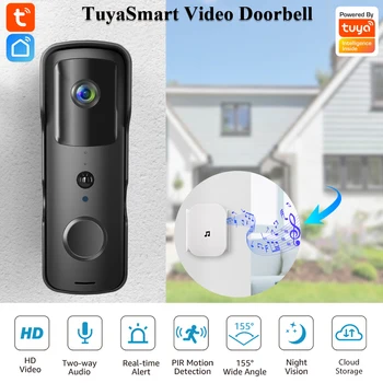 TuyaSmart 무선 비디오 초인종 방수 야간 투시경 홈 보안 1080P FHD 카메라, 디지털 비주얼 인터콤, 와이파이 초인종