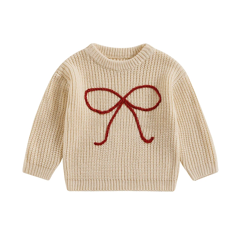 Focus norm 6 Farben 0-5y Herbst Winter Kinder Mädchen schöne Pullover Bowknot Stickerei Langarm Rundhals ausschnitt lose Strick pullover – Detail 7