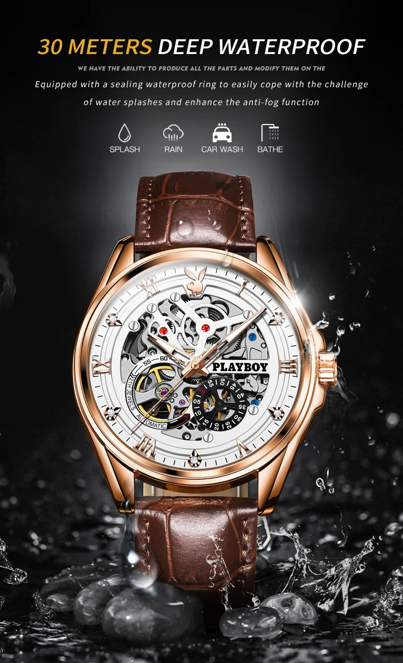 PLAYBOY 3032 Automatische Mechanische Uhren für Herren Skelett-Chronograph Leuchtend Wasserdicht Luxus Original Marke Herrenuhren – Detail 9