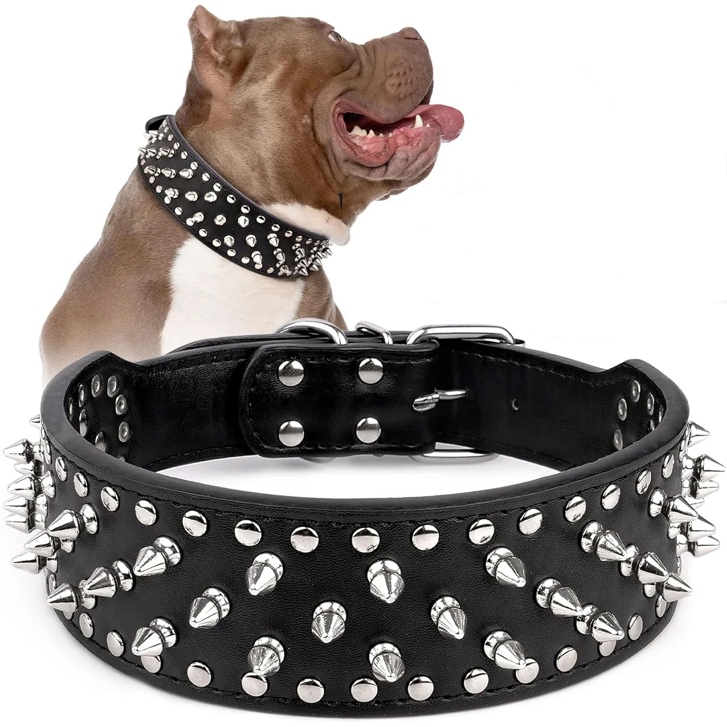 2inch Wide Skull Spiked Studded Leather Large Dog Collars for Medium Large Breeds Pitbull Mastiff Boxer Bully Dog Harness