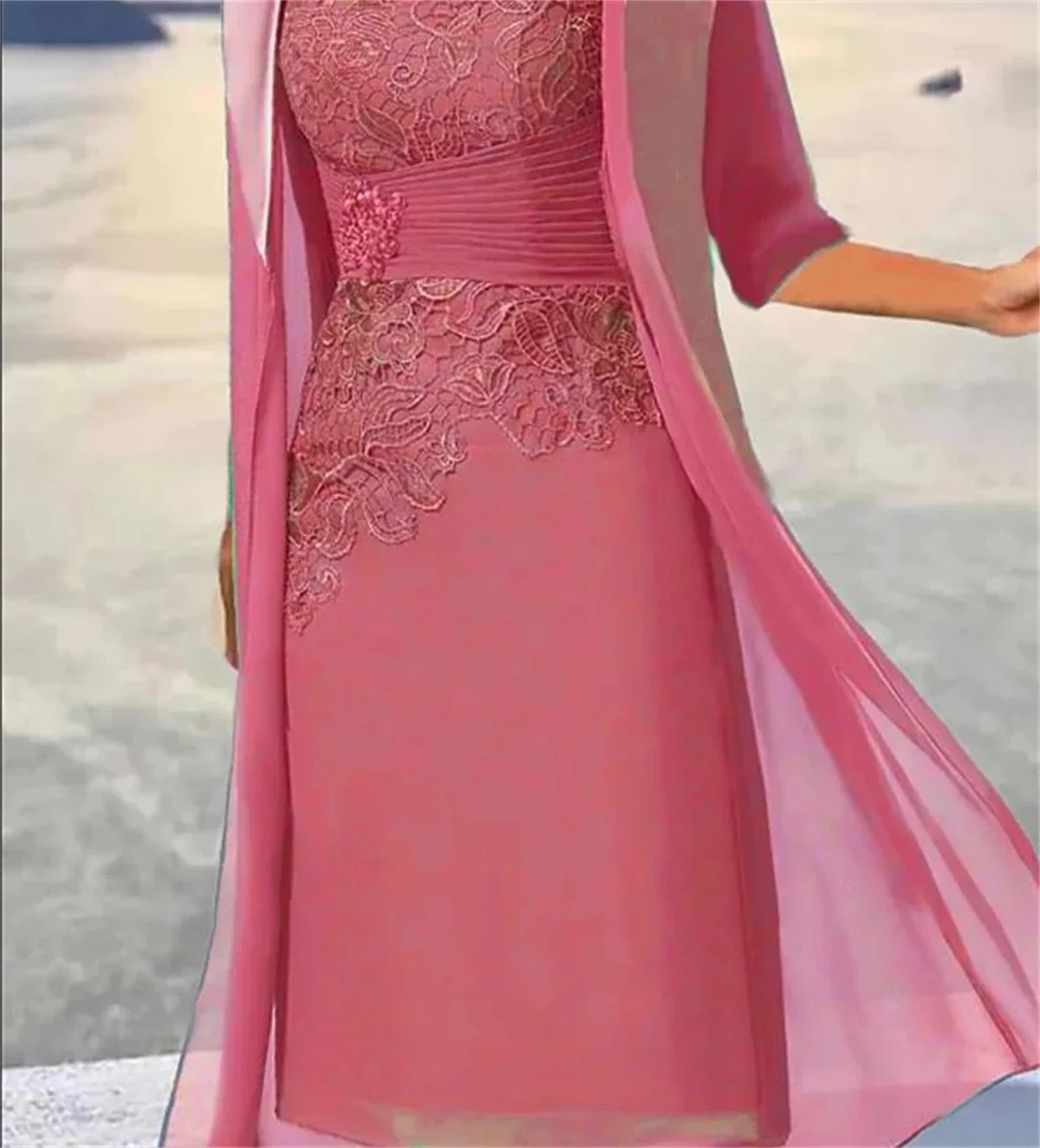Mother of the Bride Dresses For Weddings Midi Dusty Blue Knee-Length Floral Lace Appliques Layered Ruched فستان - 3