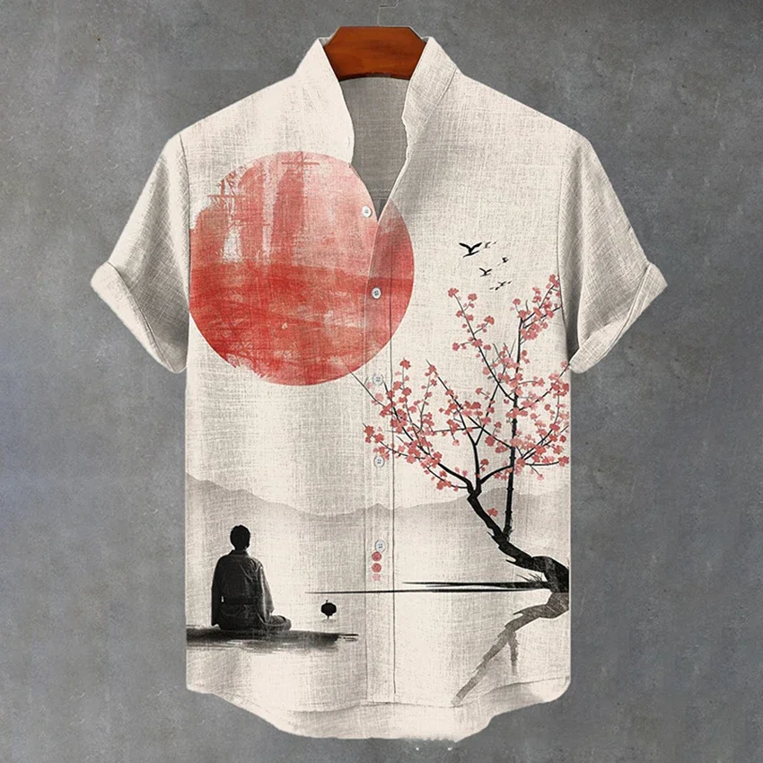 Men's Stand Collar Short Sleeve Shirt Bamboo Linen Fabric Crane Print Hawaiian Casual Loose Shirt