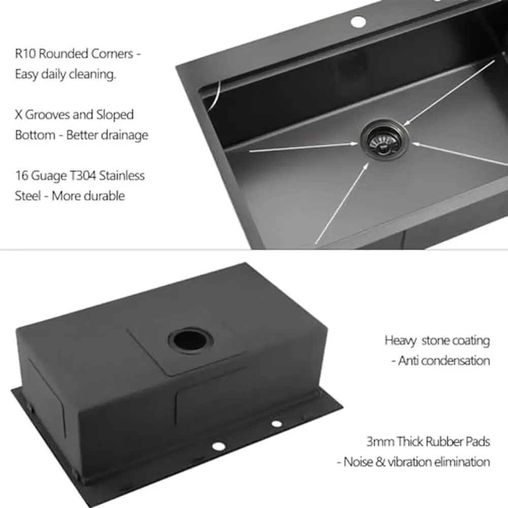 33" Black Stainless Steel Drop In Kitchen Sink with Workstation Quiet Operation Easy Clean Complete Set 4
