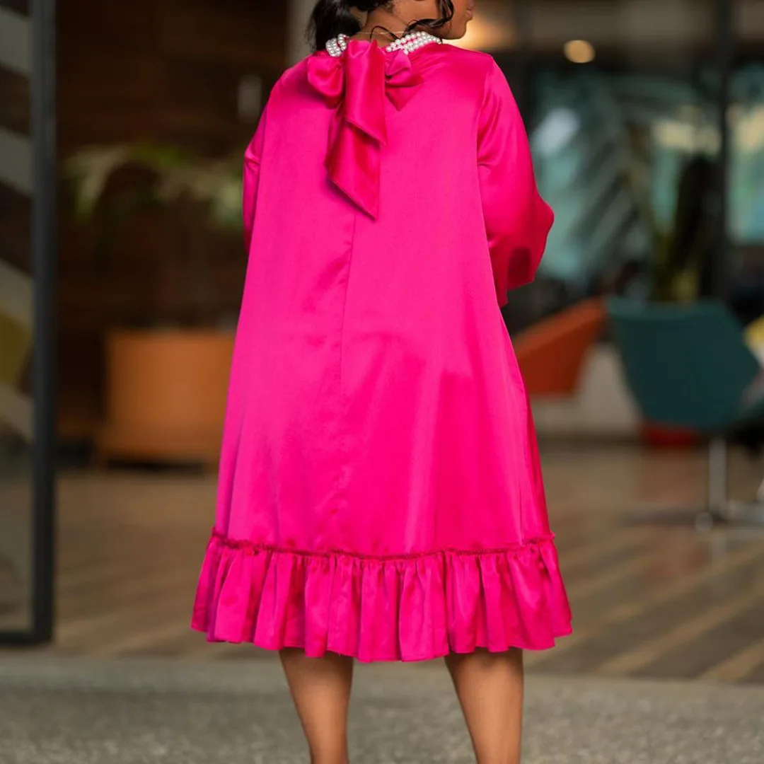 2023 Spring Women Loose Dress Pearl Solid Bow Design Fashion Elegant Outfit Casual Luxury Gown Plus Size Evening Party Dress
