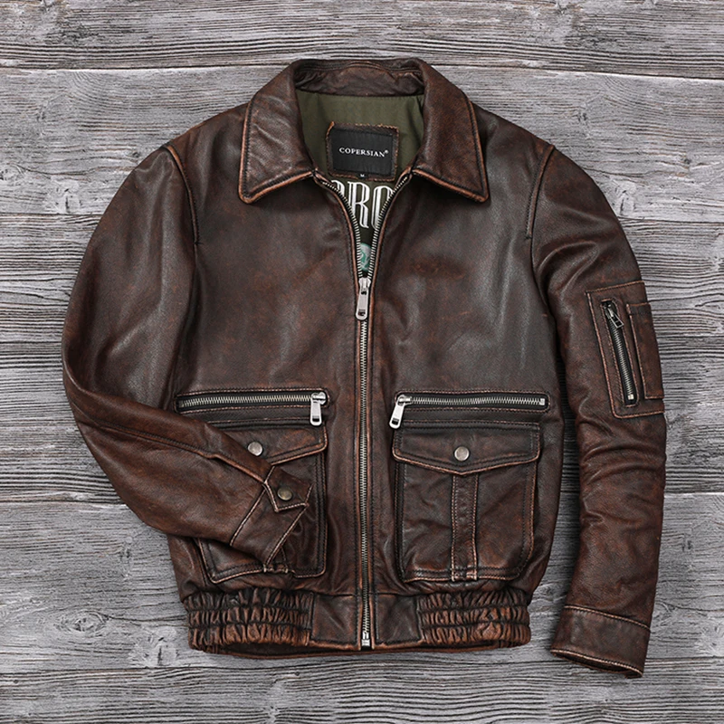 Men Stone Distressed Genuine Leather Jacket Top Layer Cowhide Air Force Flight Vintage Fashion Redbrown
