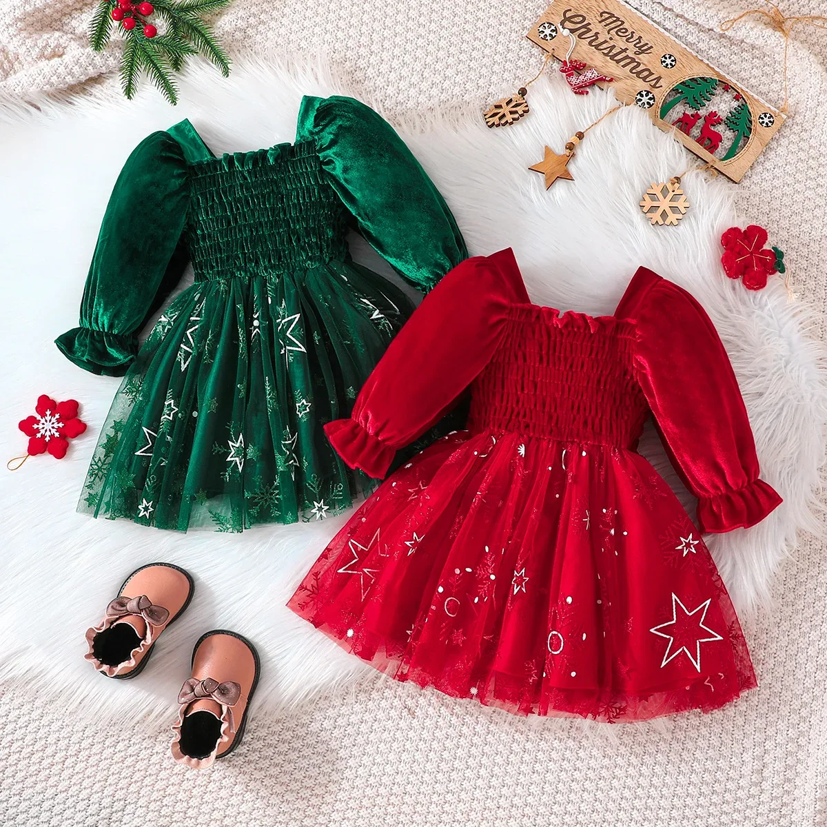 Christmas Day Baby Childrens Clothing 0-5 Y Trendy Girls Puffy Sleeve Dress Patchwork Mesh Snowflakes Dresses